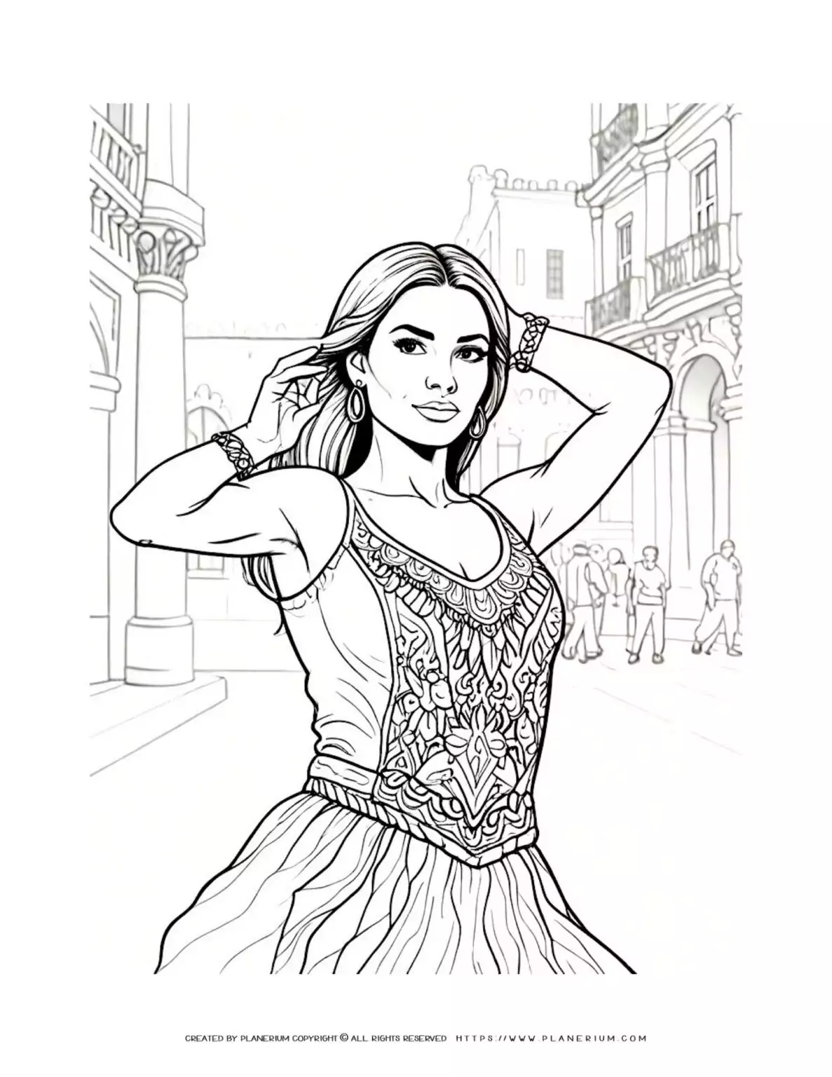 Woman posing in detailed dress illustration