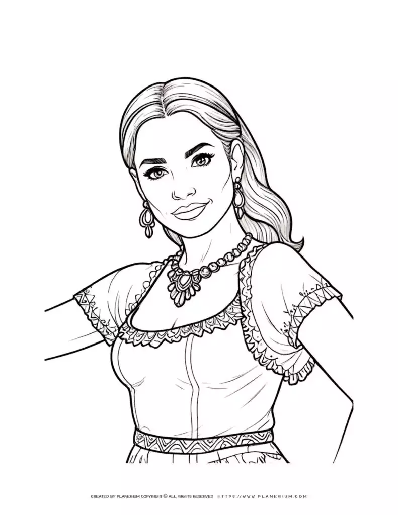 Coloring page of woman in traditional dress.