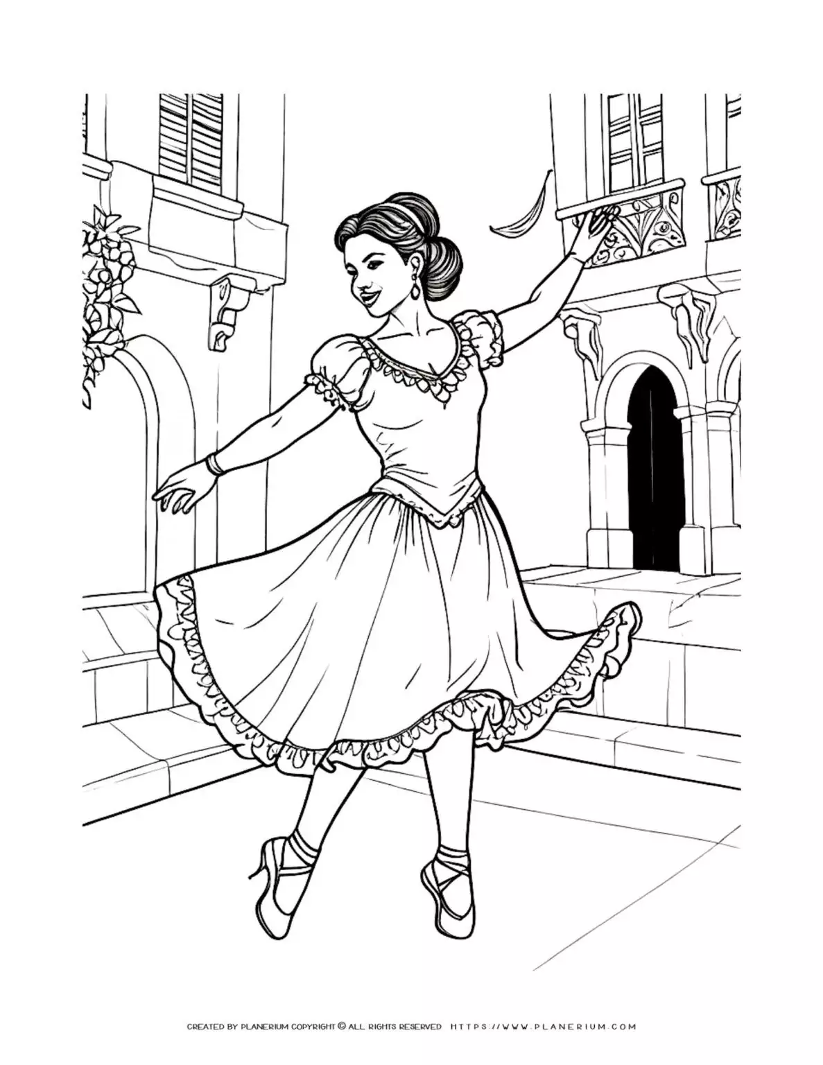 Ballet dancer posing in front of old buildings.