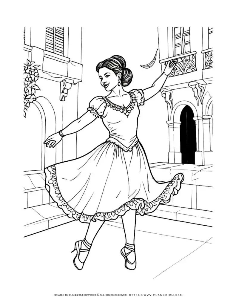 Ballet dancer posing in front of old buildings.
