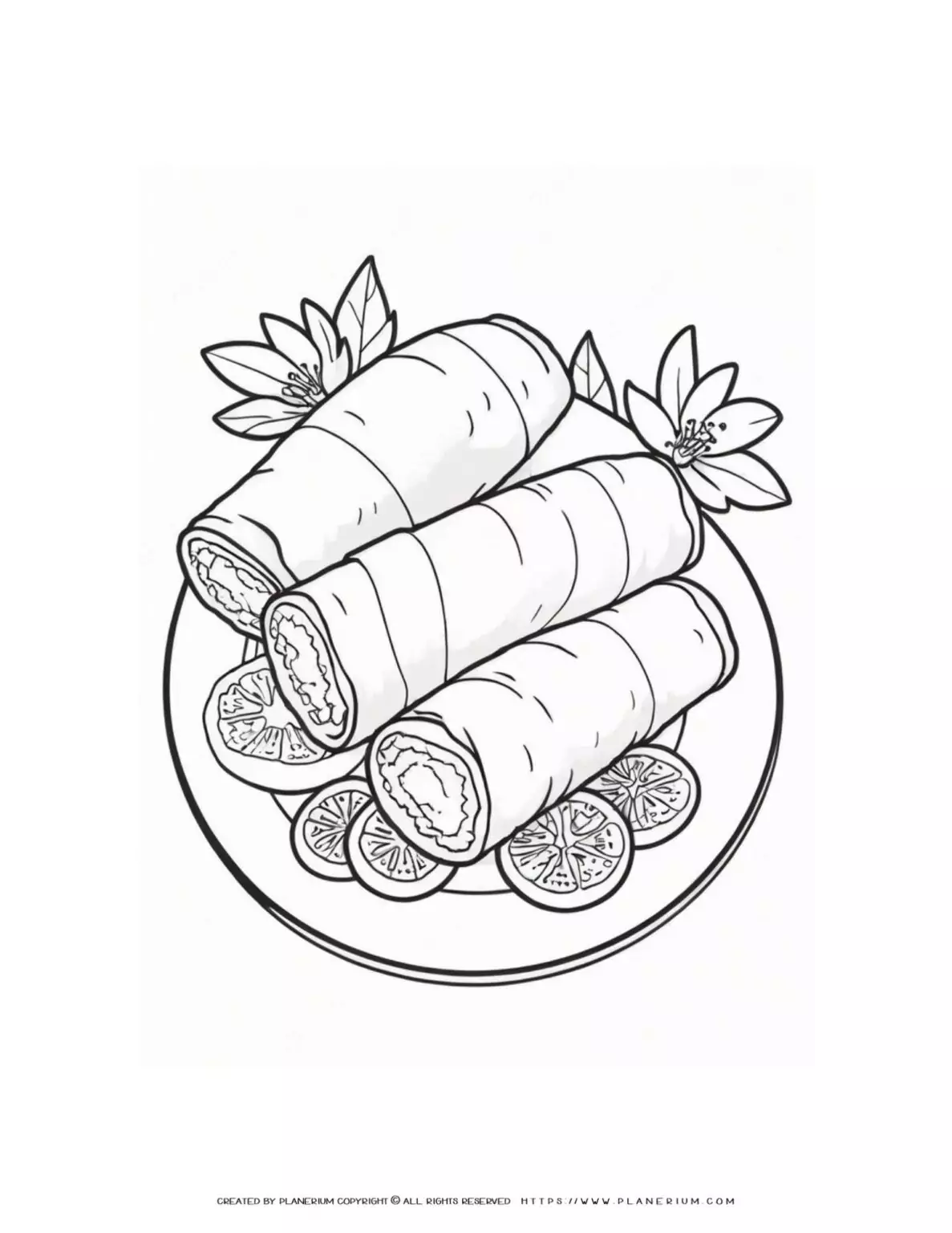 Plate of spring rolls with flowers.