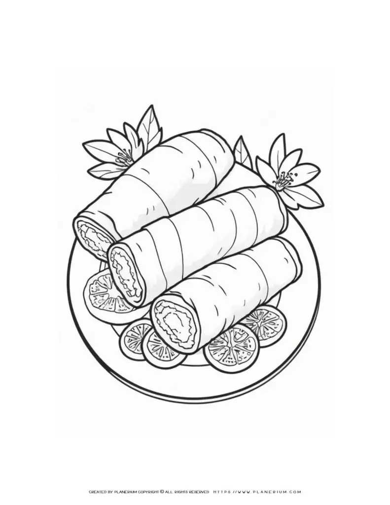 Plate of spring rolls with flowers.
