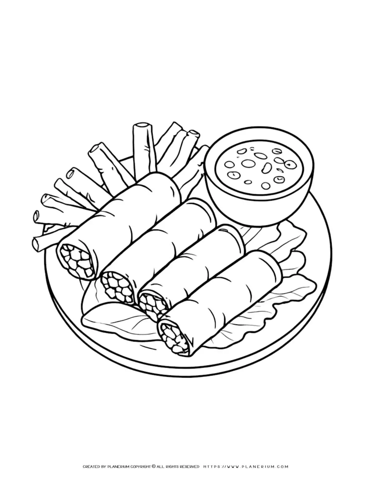 Plate of spring rolls with dipping sauce.