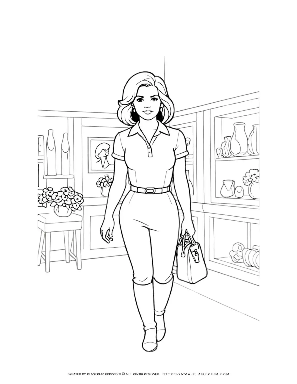Illustration of a fashionable woman walking in a store interior. Trendy coloring page design for adults.