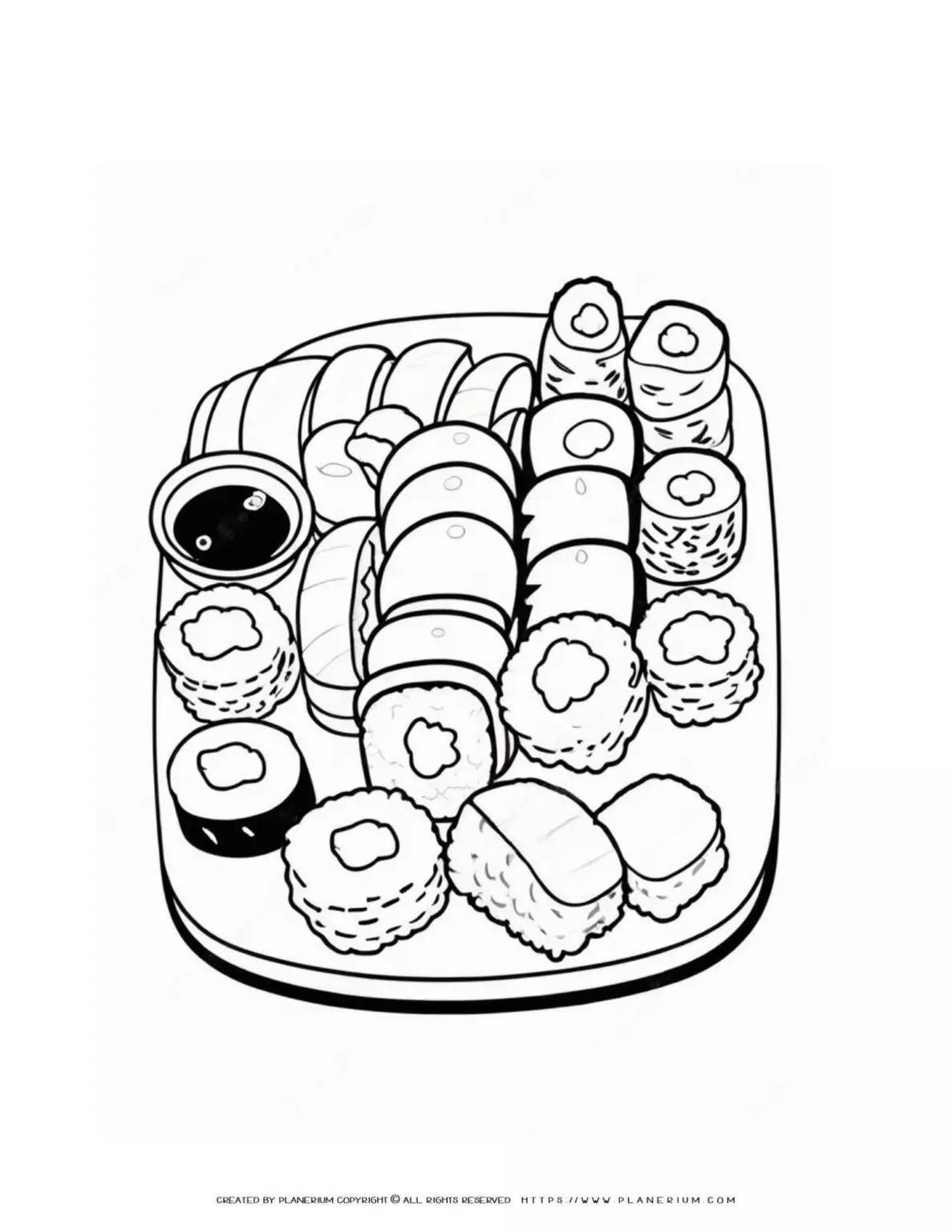 Illustration of assorted sushi on platter