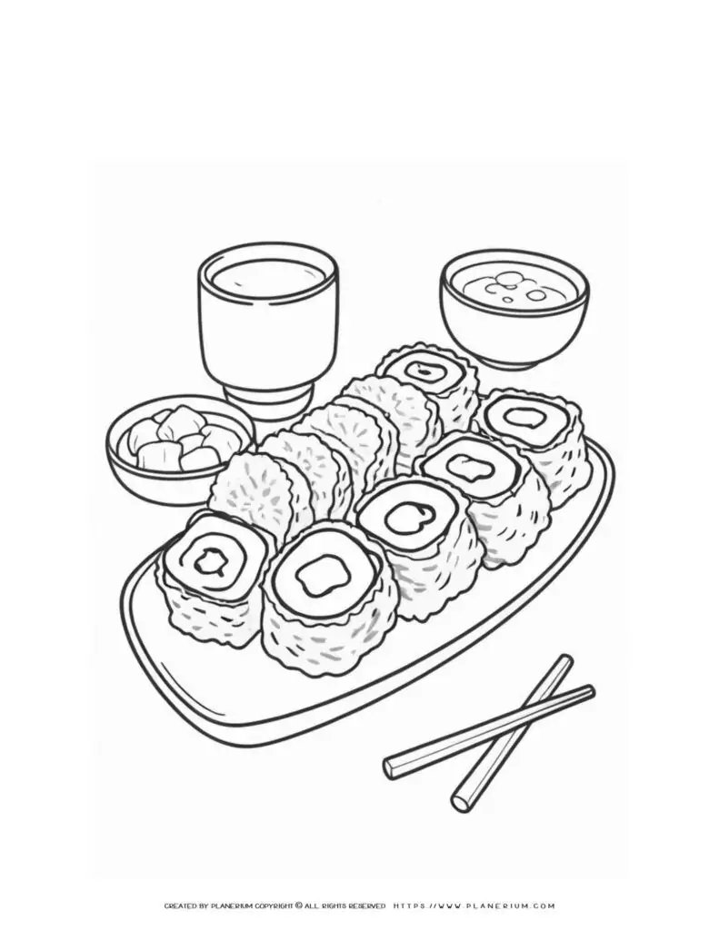 Sushi platter with chopsticks and side dishes.