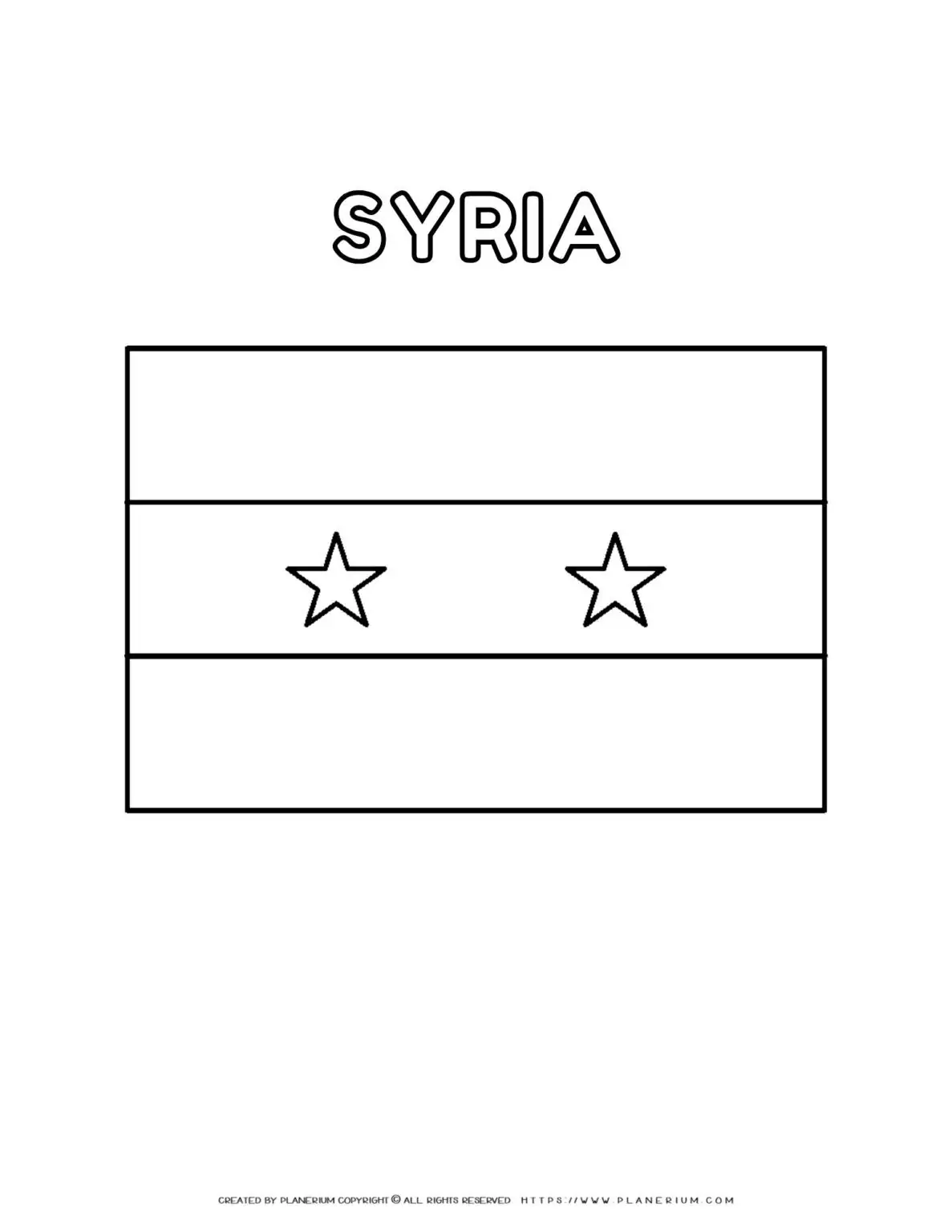 Syria flag coloring page for kids with printable template. Learn about Syrian culture and colors with this educational activity.