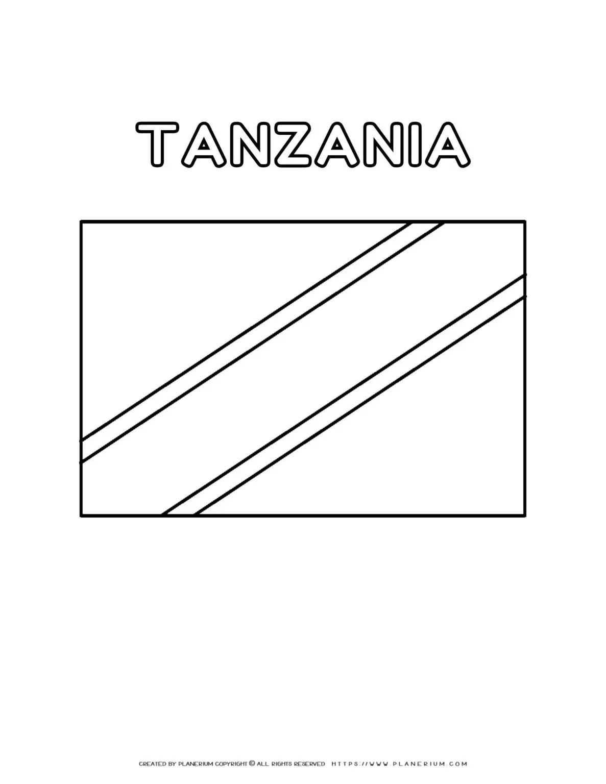 Tanzania flag coloring page for kids to learn about African countries. Printable activity with the flag of Tanzania. Fun and educational resource.