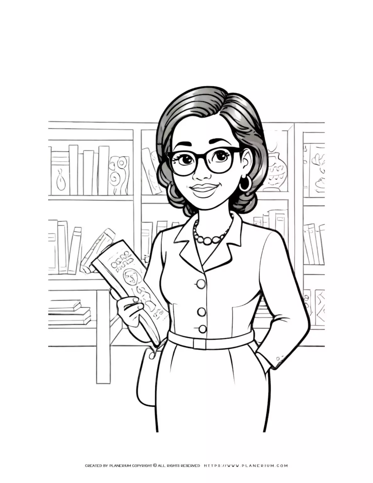 Illustration of a teacher with glasses in a library setting. Perfect coloring page for kids to enjoy. Great for educational activities.