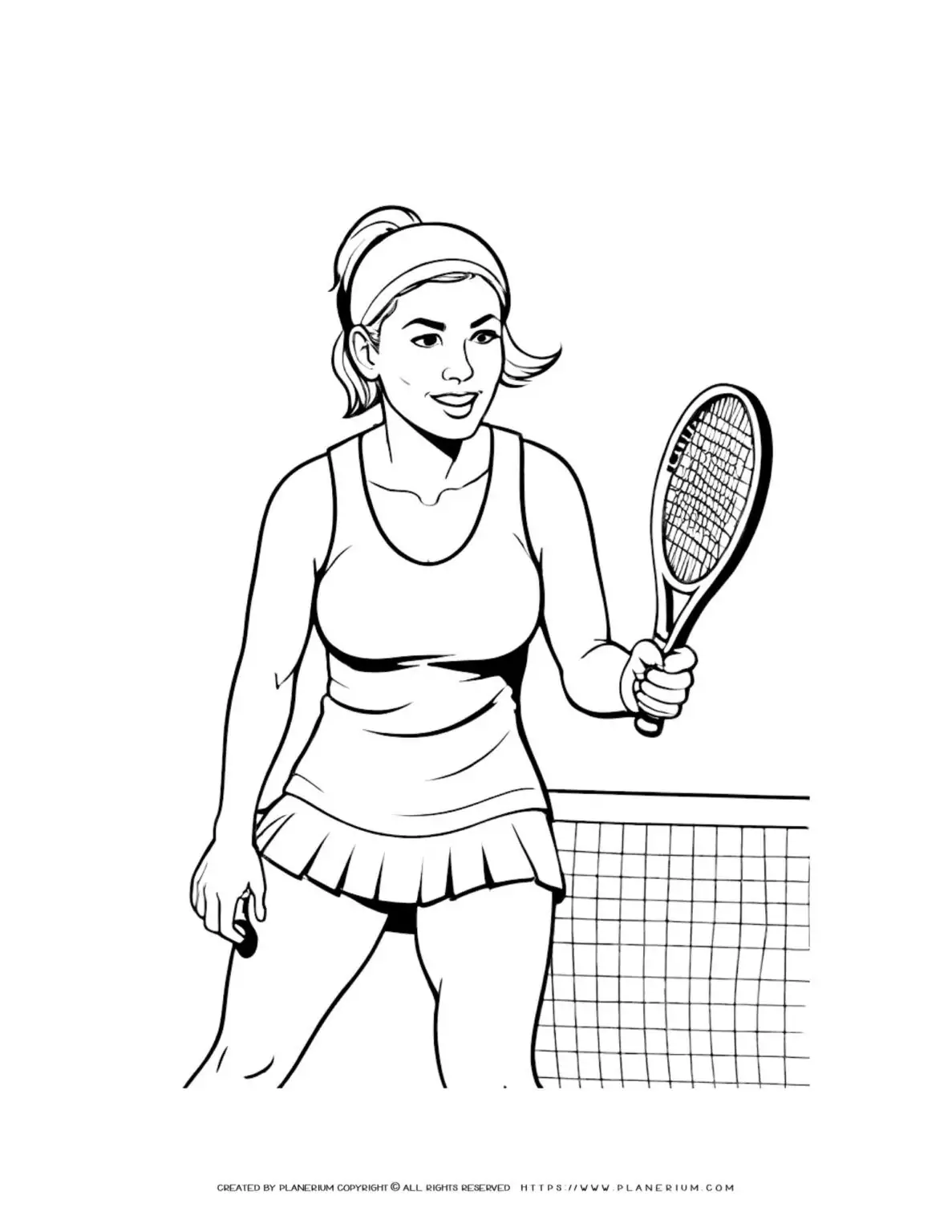 Female tennis player coloring page with racket and net for kids to enjoy. Perfect for sports enthusiasts and art lovers alike.