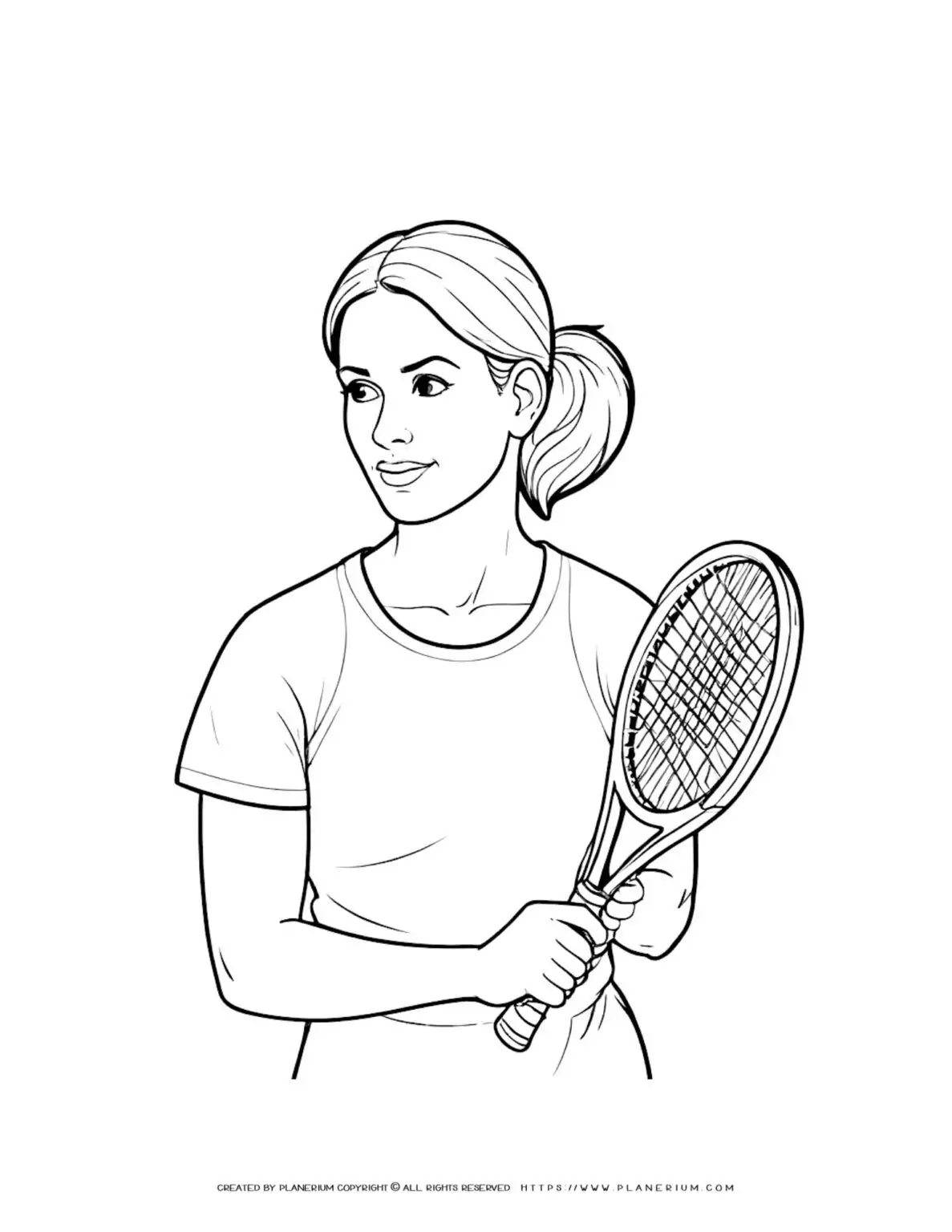 Tennis player with racket coloring page for adults. Female athlete outline drawing for stress relief and relaxation. Perfect for sports enthusiasts.