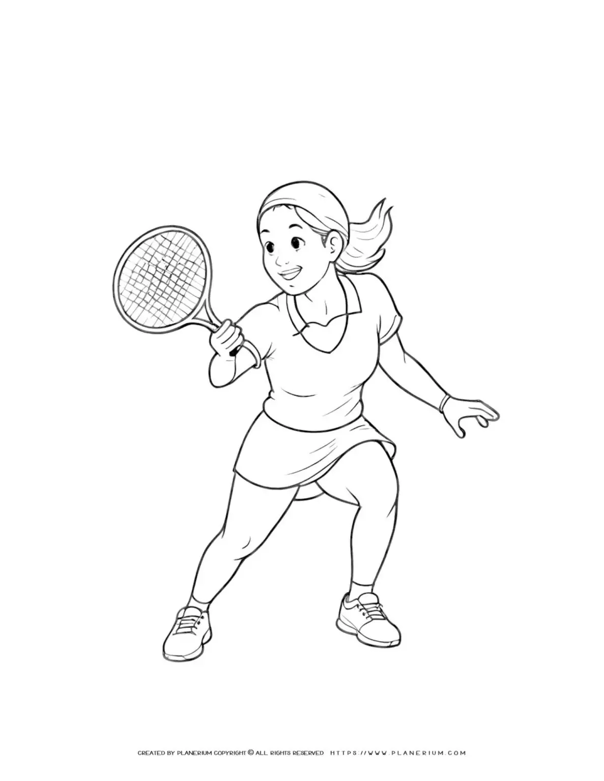 Female tennis player with racket coloring page for kids to enjoy. Perfect activity for young athletes and sports enthusiasts.