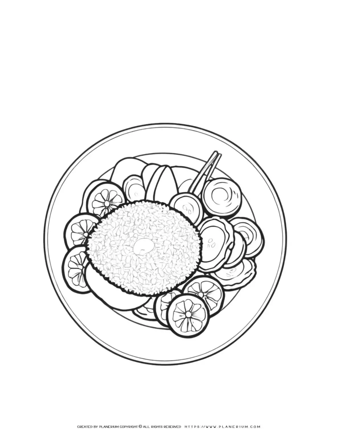 Coloring page of a rice dish with vegetables.
