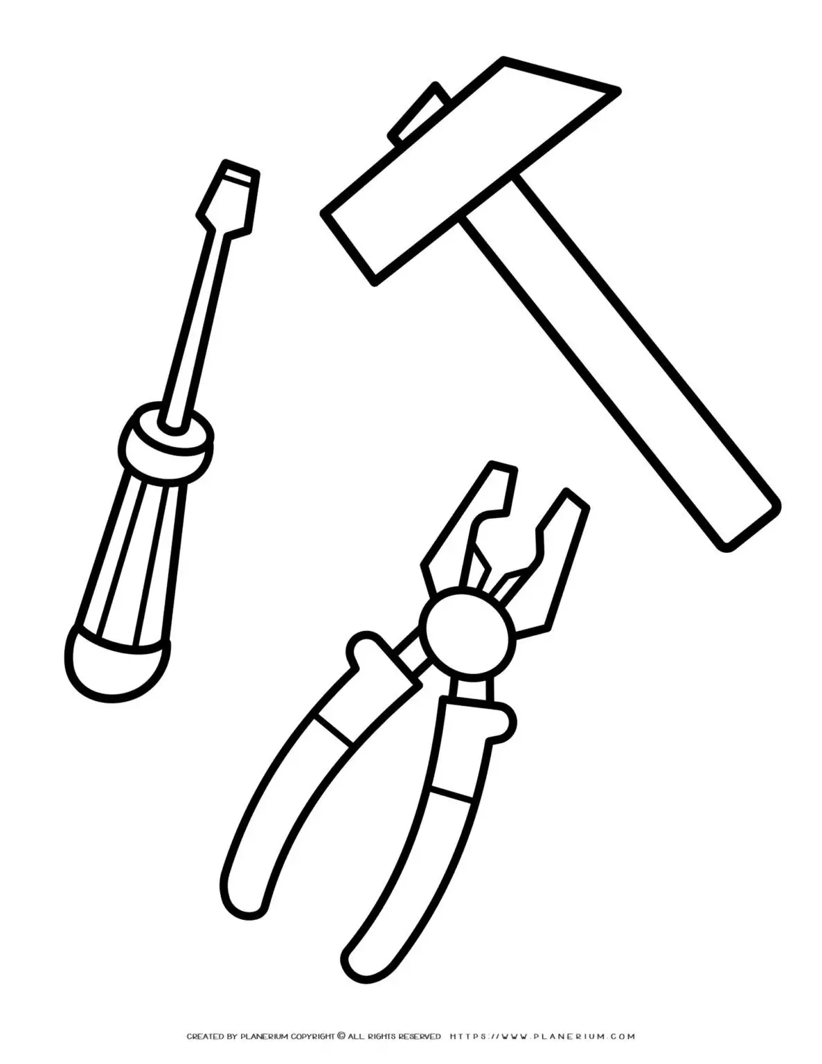 Outline of screwdriver, hammer, and pliers.