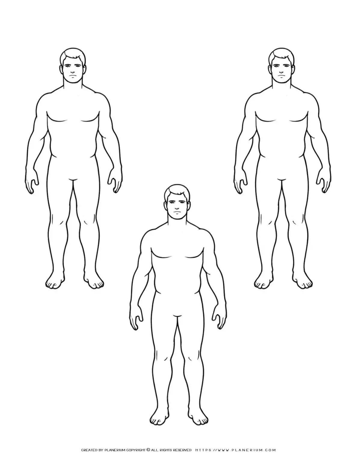 Three black outlined male figures, facing forward