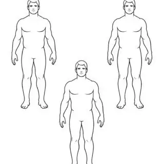 Three black outlined male figures, facing forward