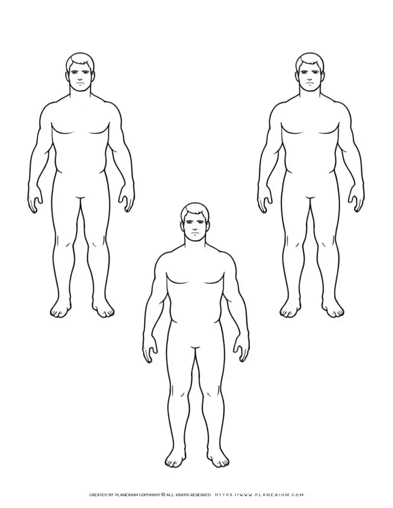 Three black outlined male figures, facing forward