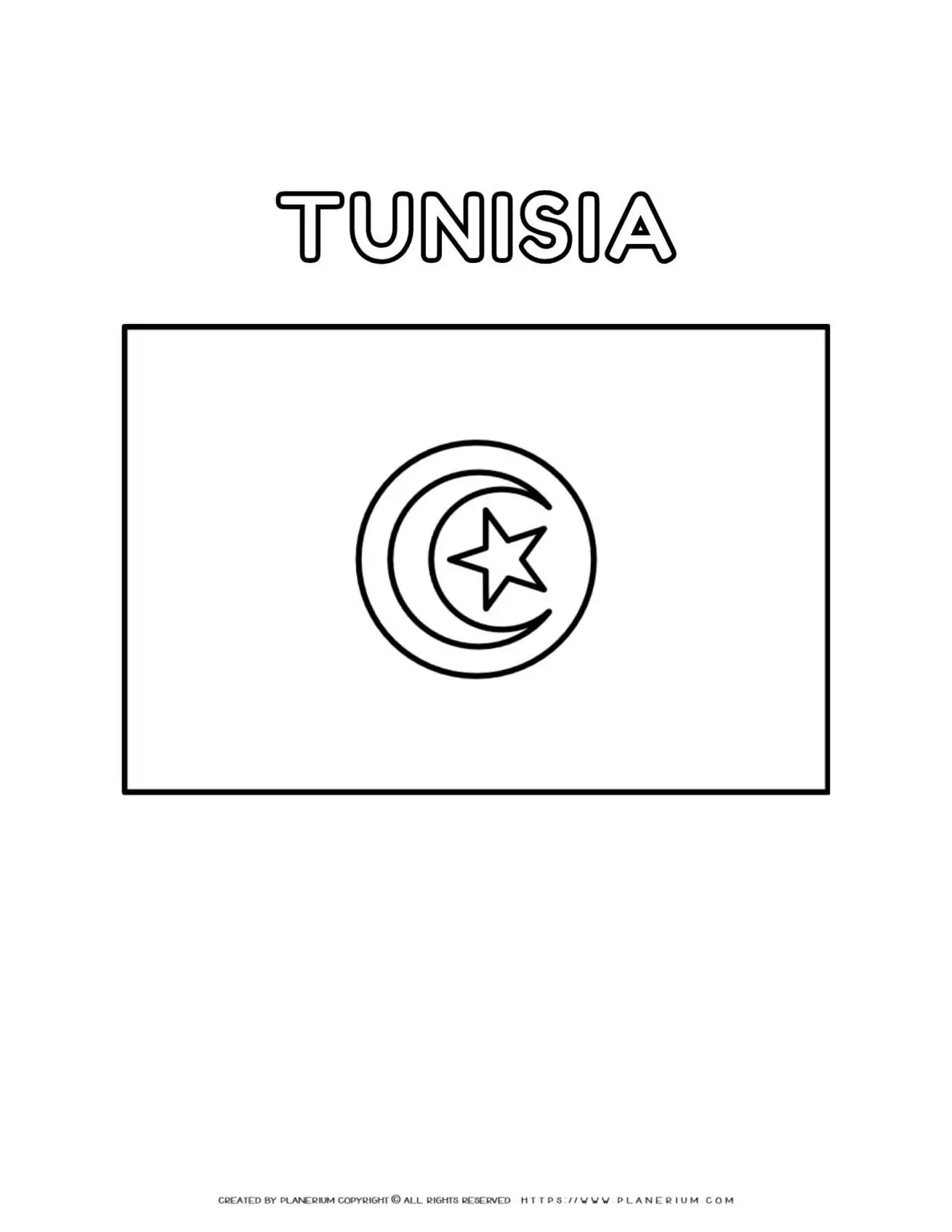 Tunisia flag coloring page for kids to learn about national symbols and colors. Perfect for educational activities and cultural awareness.