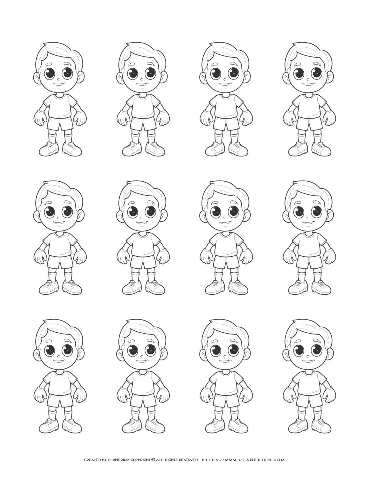 Comic soccer boys players standing outlines, twelve identical characters with unique features, ready for action on the field.