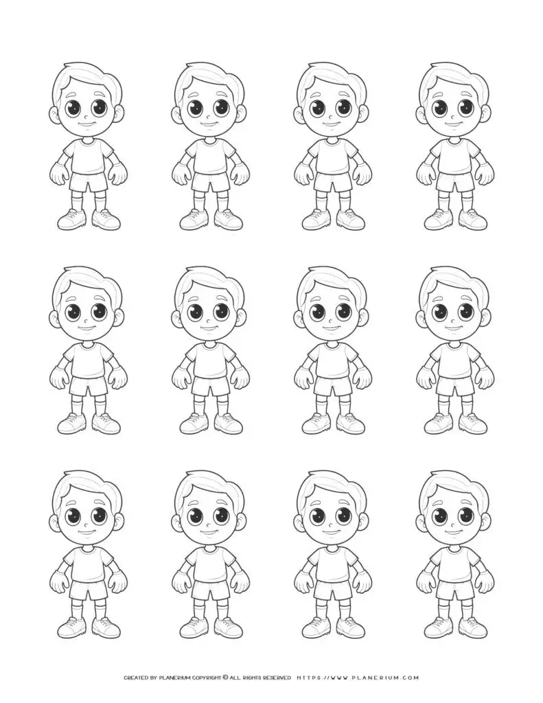 Comic soccer boys players standing outlines, twelve identical characters with unique features, ready for action on the field.