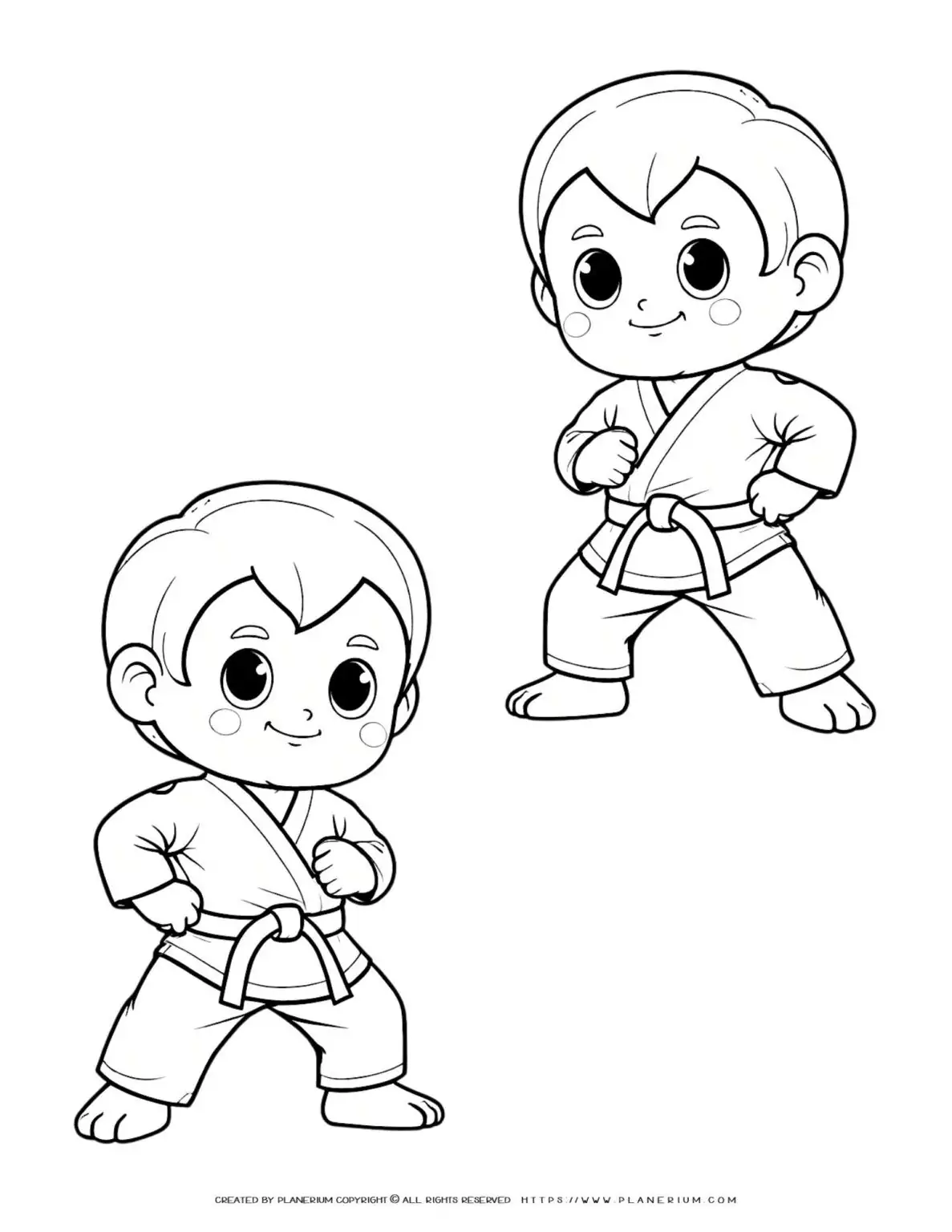 Two cartoon boys in karate stance outline - playful and dynamic characters ready for action.