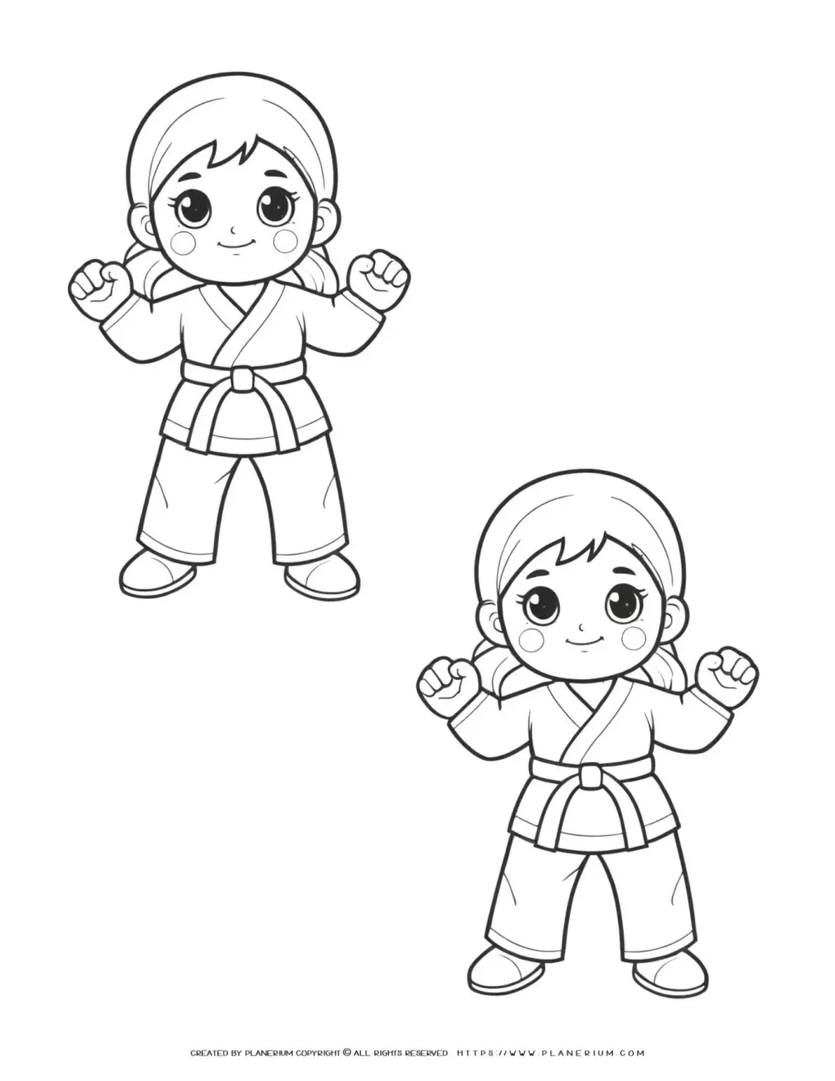 Two cartoon girls in karate stance silhouette illustration for martial arts website or blog.
