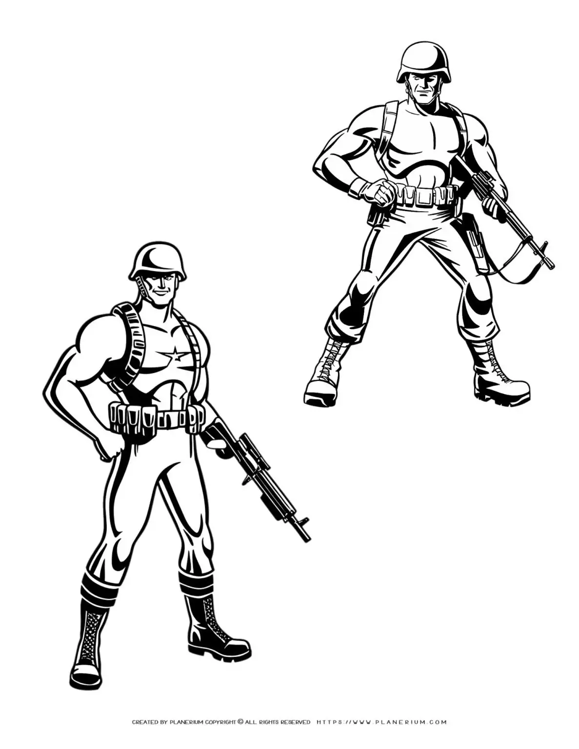 Black and white illustration of two comic soldiers posing with guns. Unique and dynamic military artwork.