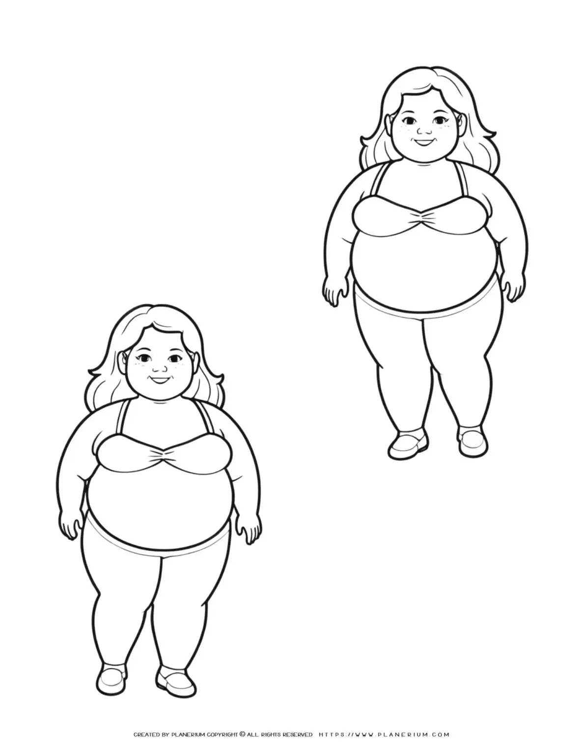 Front view coloring page of two happy plus size women, ideal for body positivity and diversity illustrations.