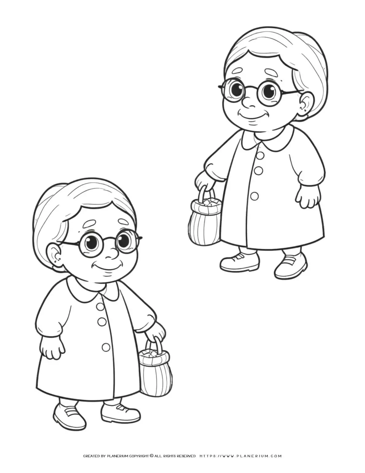 Two identical old lady outlines standing back to back with a basket in hand