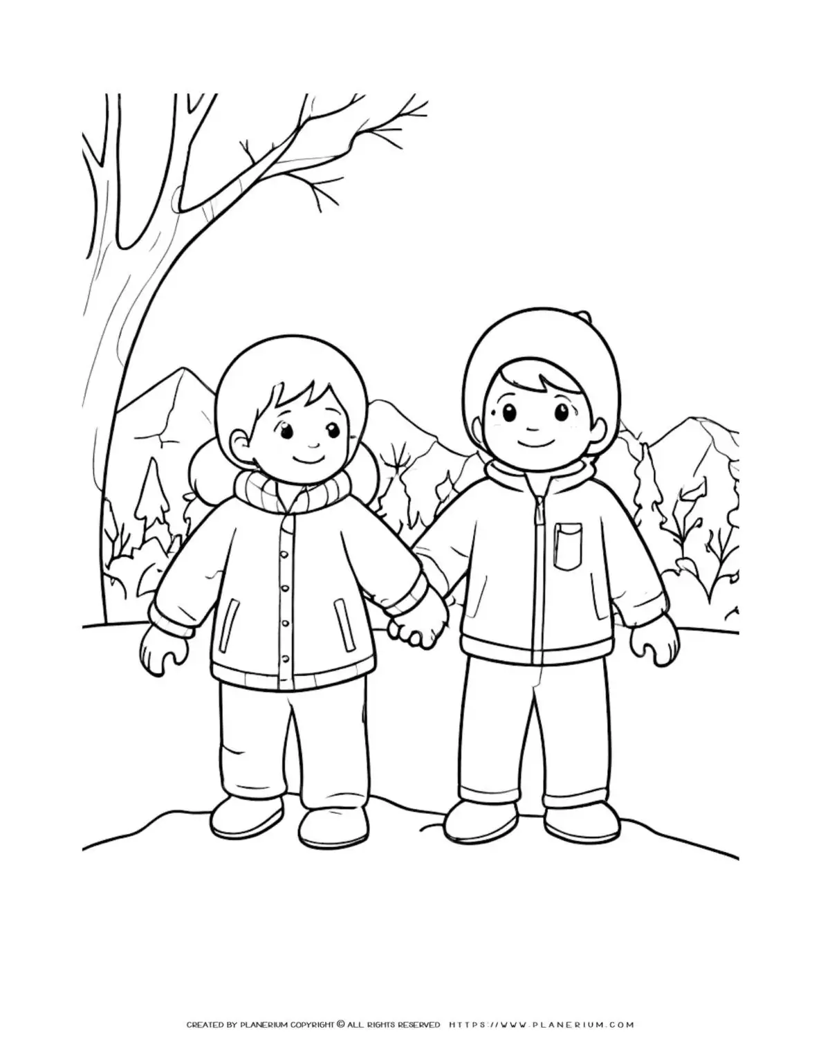 Two kids holding hands in winter.