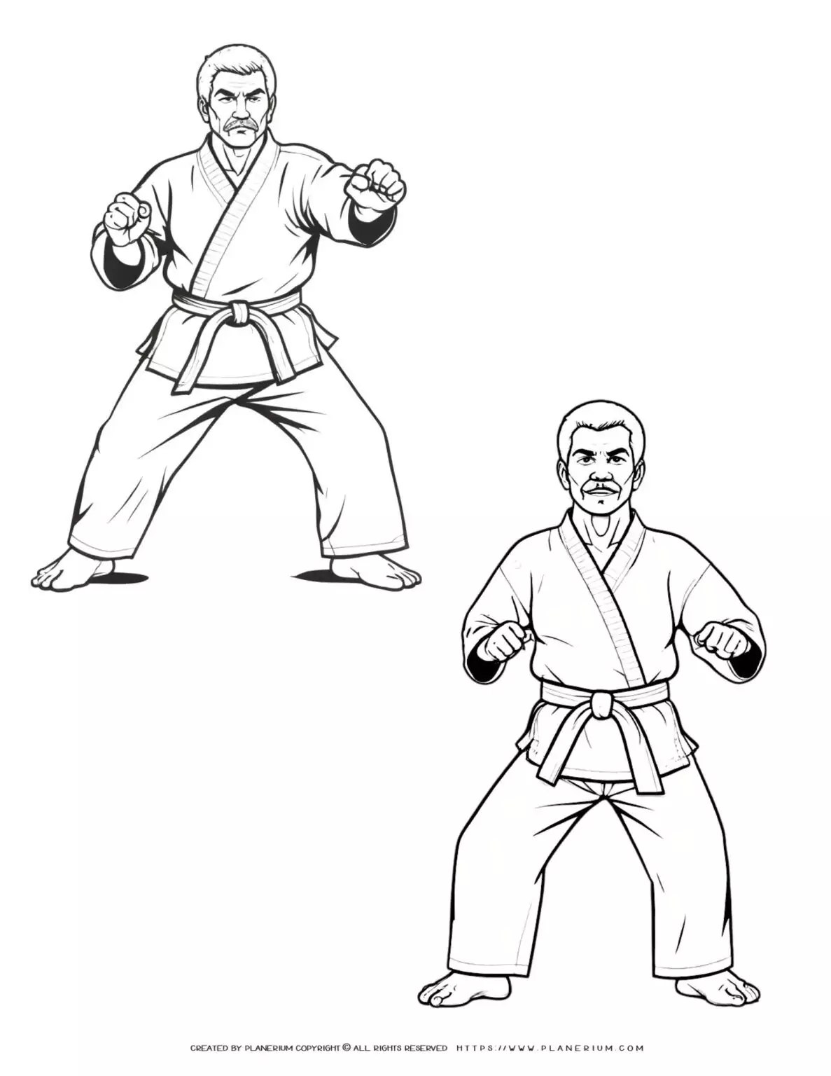 Two male karate practitioners in a striking pose, martial arts training concept.
