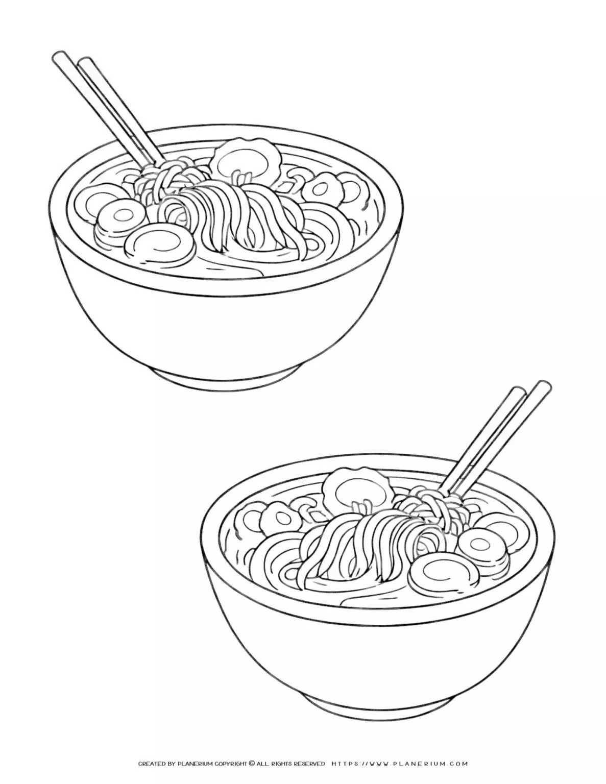 Line drawing of two ramen bowls.