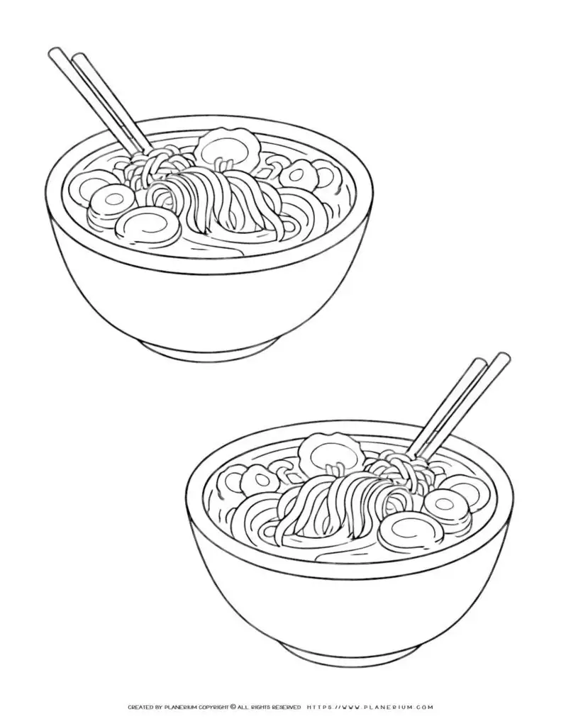 Line drawing of two ramen bowls.