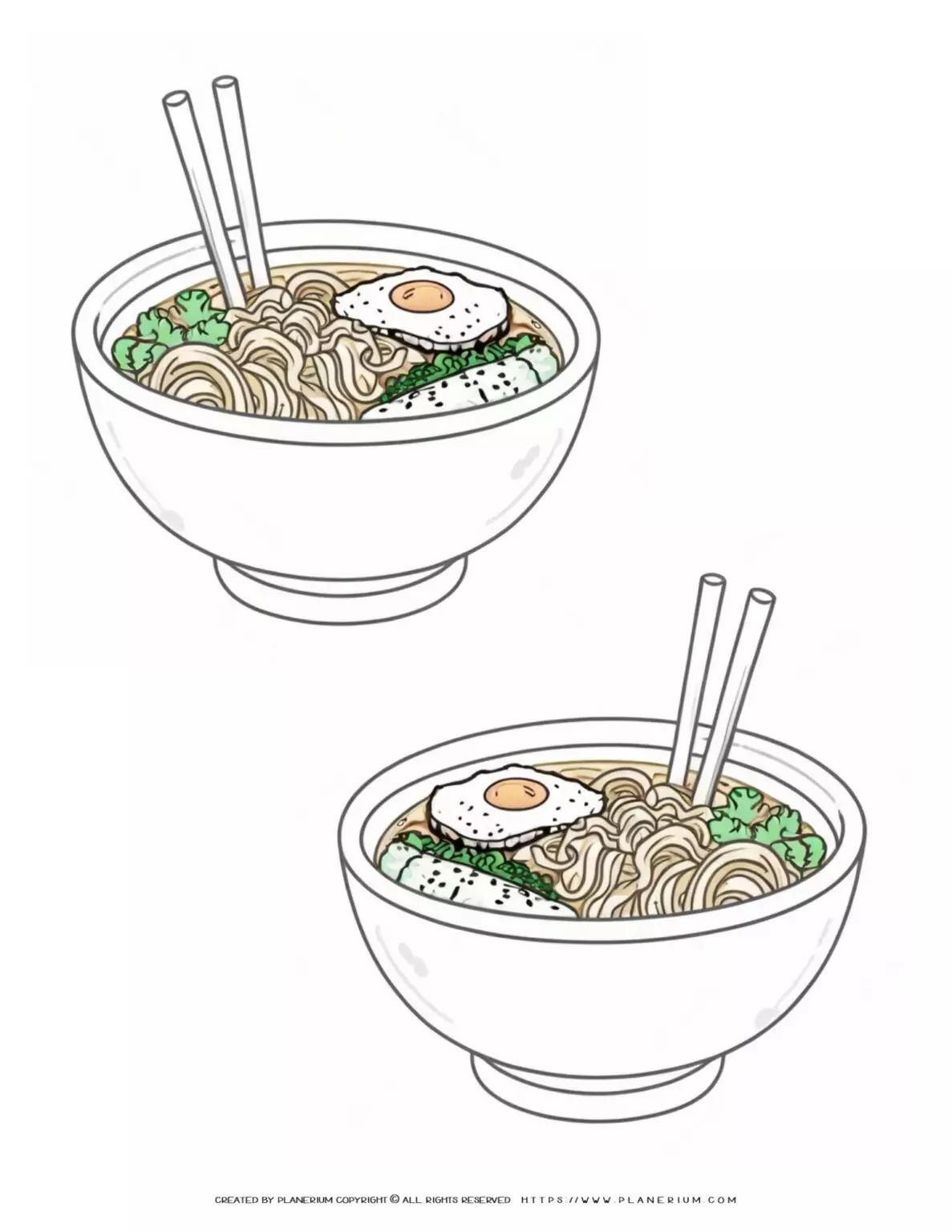 Illustration of ramen bowls with chopsticks.