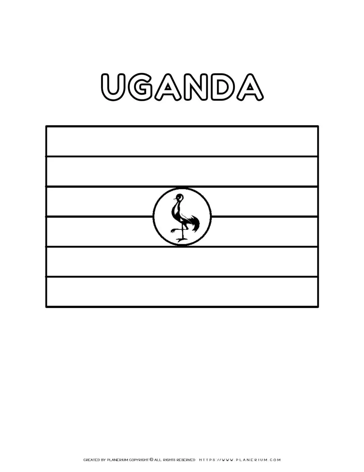 Uganda flag coloring page for kids to learn about African countries. Printable activity for educational purposes and cultural awareness.