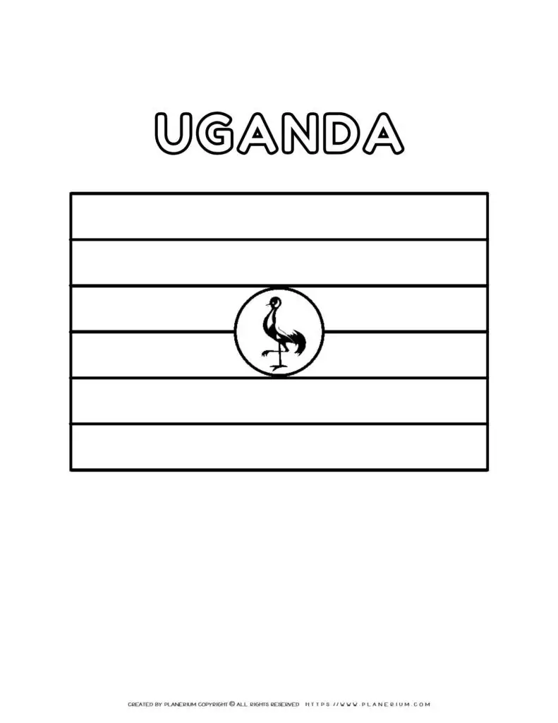 Uganda flag coloring page for kids to learn about African
  countries. Printable activity for educational purposes and cultural
  awareness.