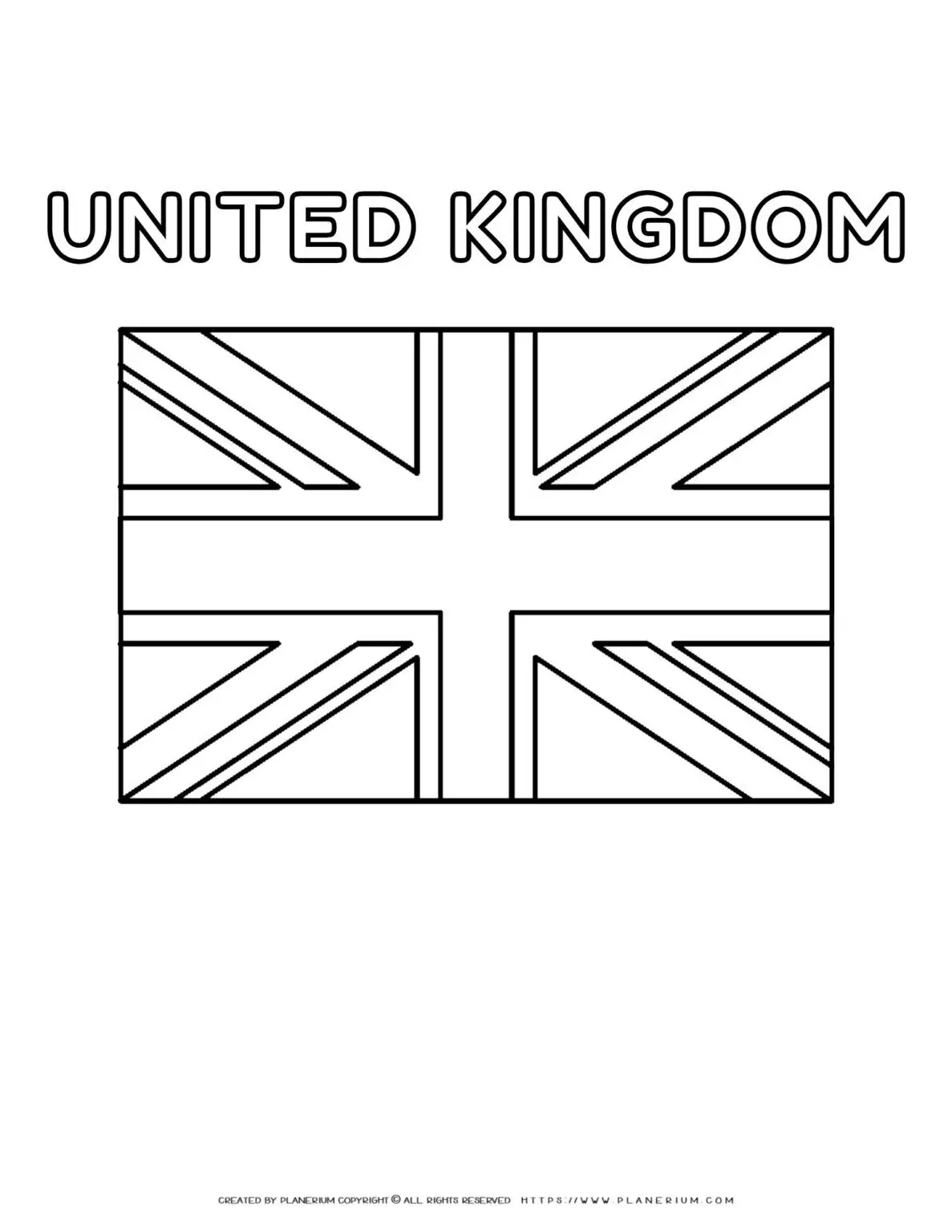 Coloring page of the United Kingdom flag for kids to learn about British culture and geography. Perfect for educational use and patriotic activities.
