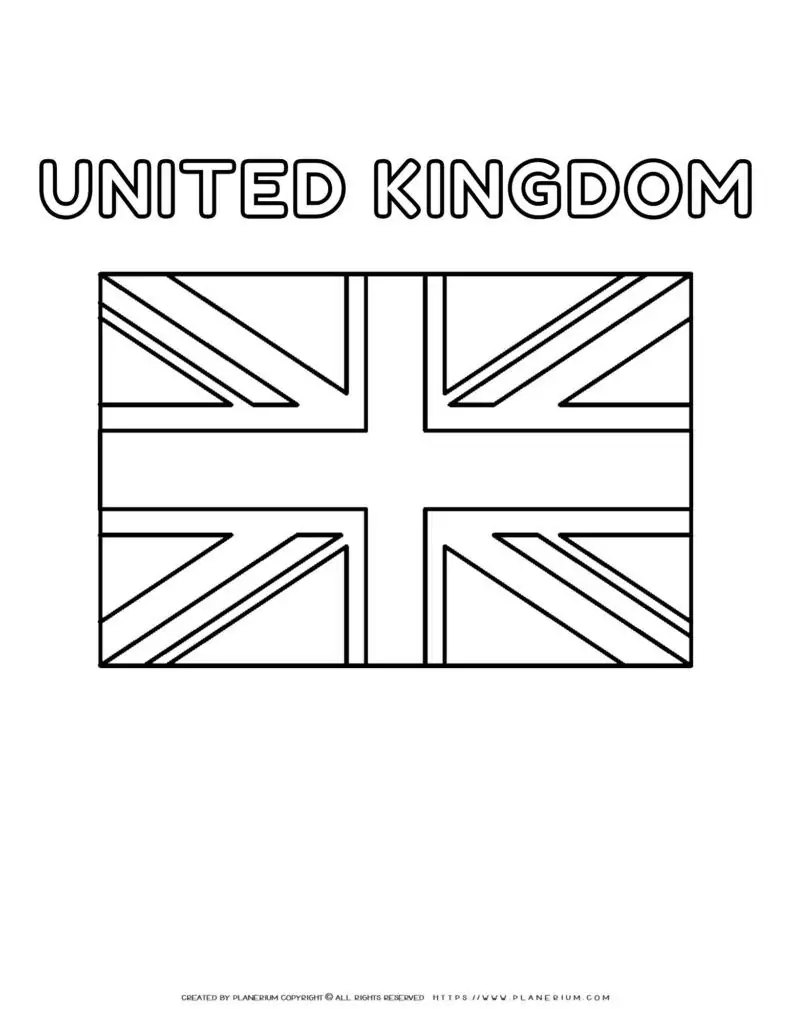 Coloring page of the United Kingdom flag for kids to learn
  about British culture and geography. Perfect for educational use and
  patriotic activities.