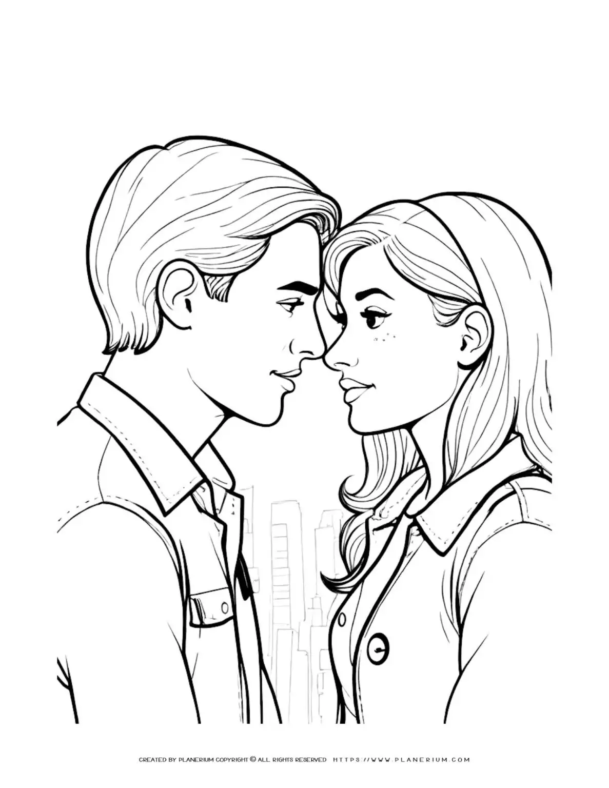 Romantic couple facing each other, city background.