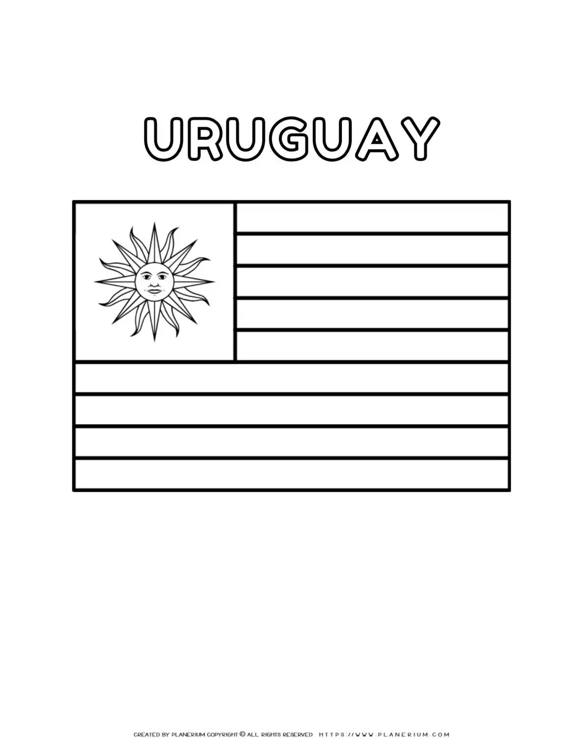 Coloring page of the Uruguay flag for kids to learn about South American countries. Perfect for educational use and cultural activities.