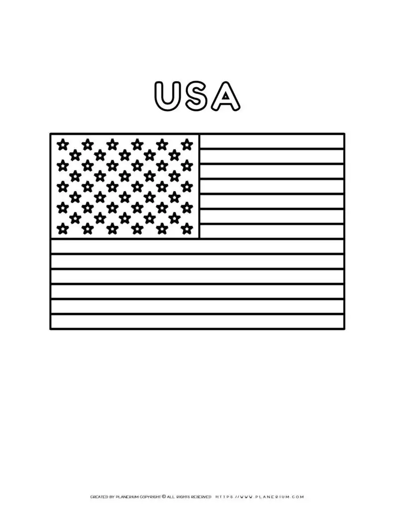 American flag coloring page for kids to learn about the USA.
  Perfect for patriotic activities and educational purposes.
