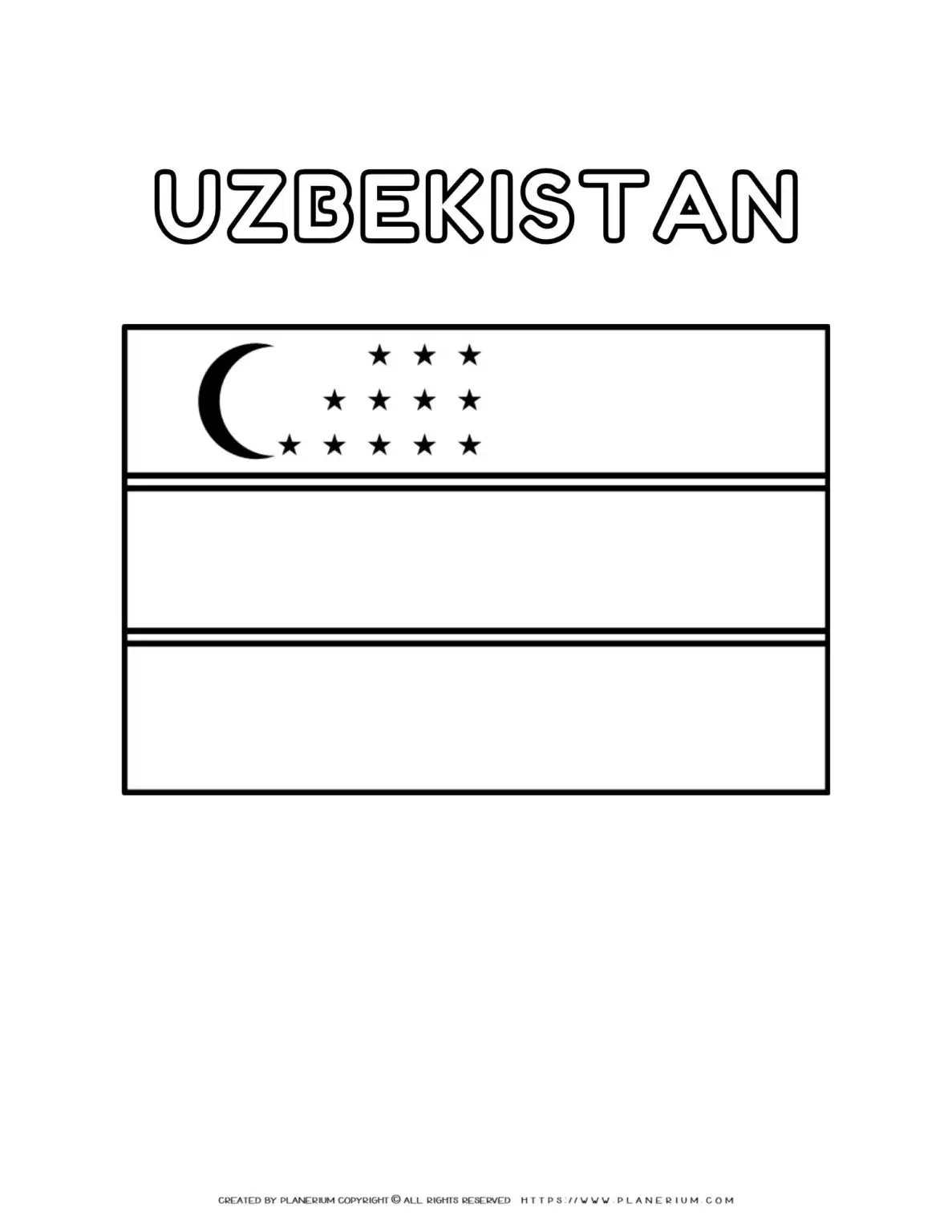 Coloring page of Uzbekistan flag with traditional colors and symbols. Perfect for kids learning about world flags. Great for educational use.