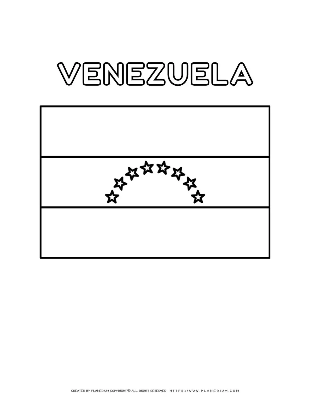 Venezuela flag coloring page for kids to learn about South American country's national symbol. Perfect for educational activities and patriotic celebrations.