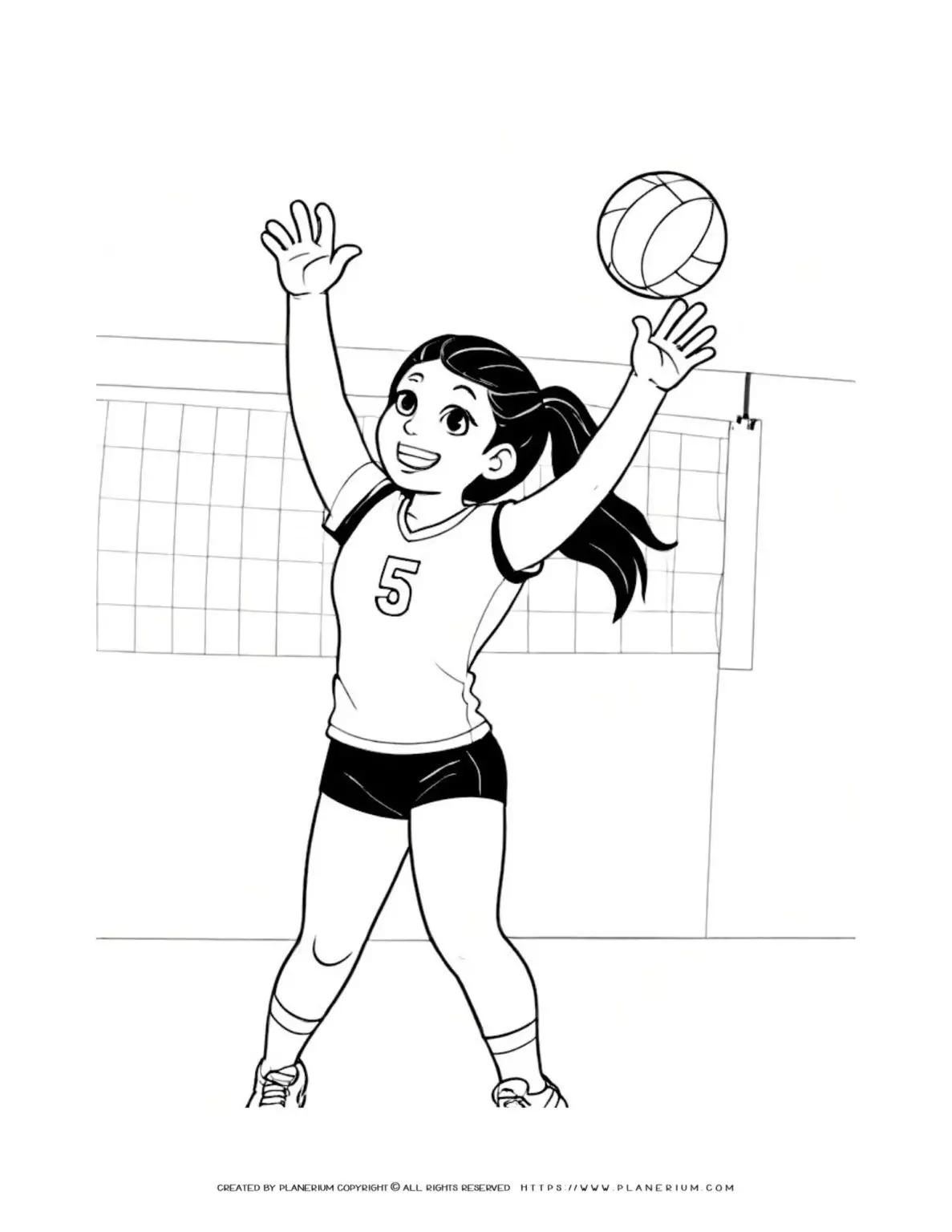 Female volleyball player coloring page for kids to enjoy. Perfect for sports enthusiasts and creative minds. Get your printable now!