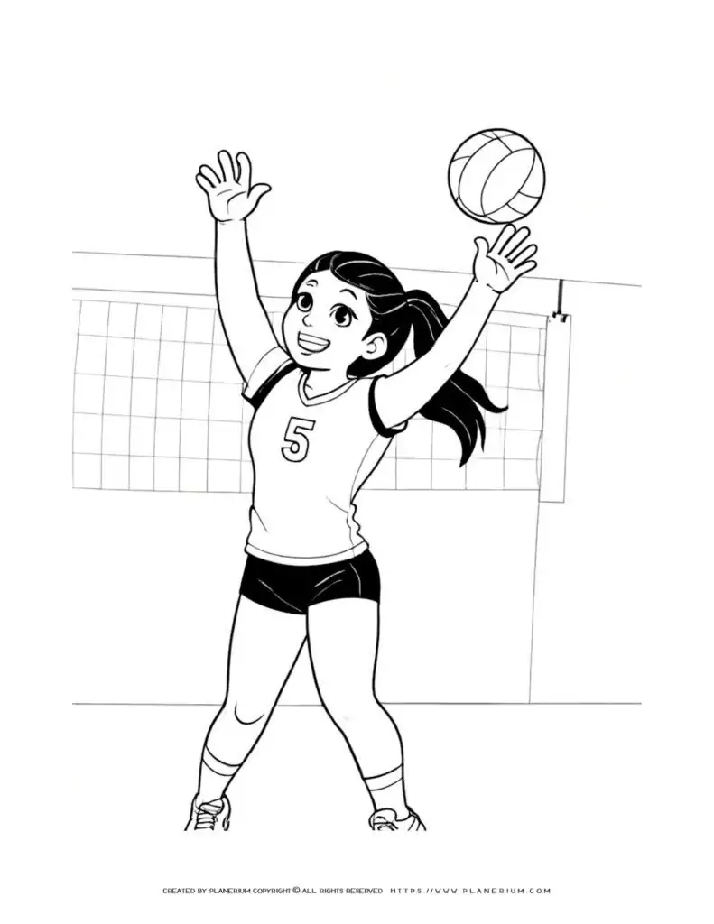 Female volleyball player coloring page for kids to enjoy. Perfect for sports enthusiasts and creative minds. Get your printable now!