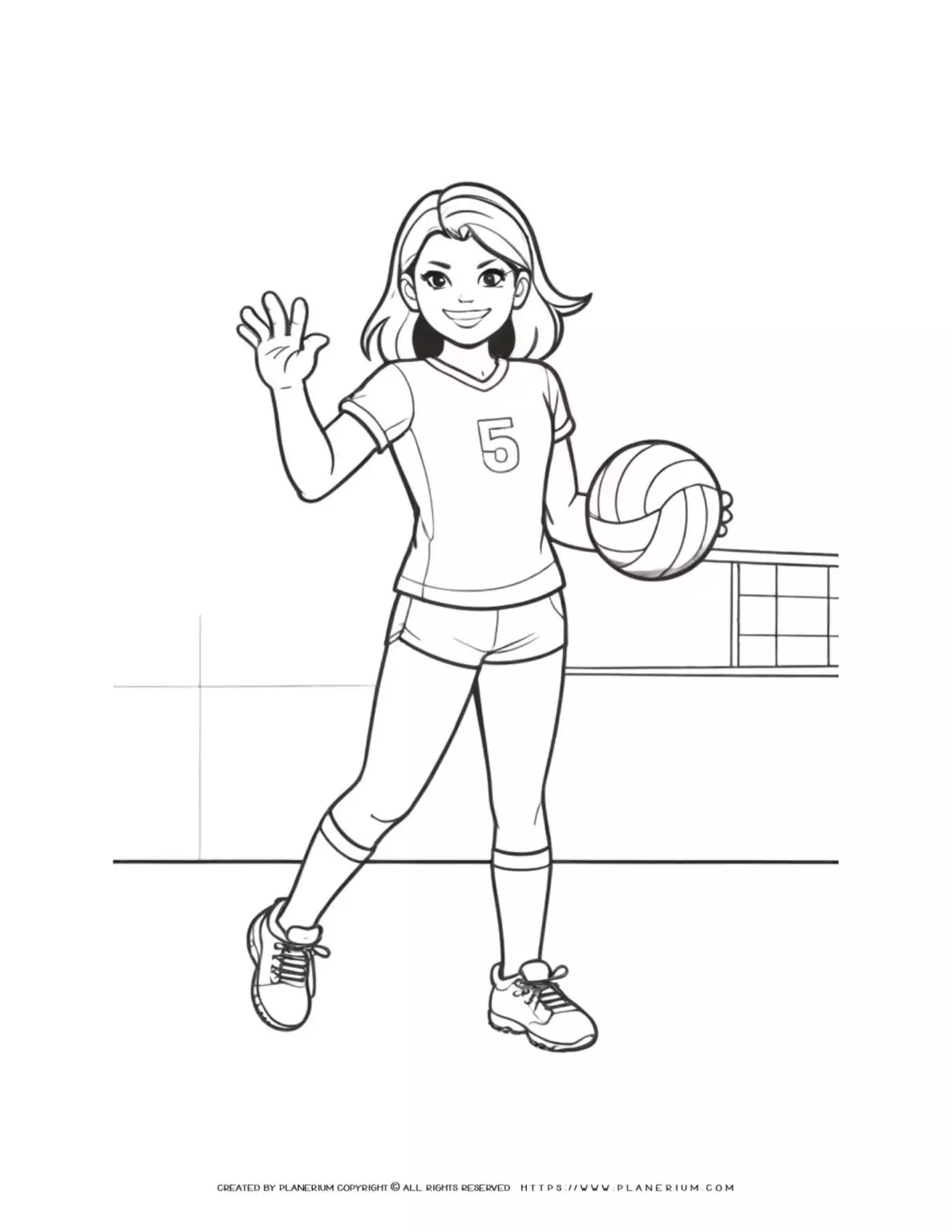 Female volleyball player standing with ball coloring page, sports coloring sheet for kids, printable volleyball activity for children.