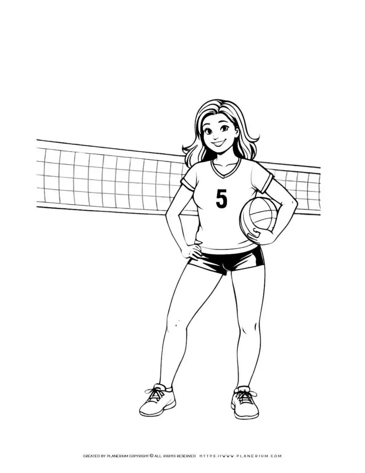 Female volleyball player standing with ball on net background coloring page. Great for sports enthusiasts and kids who love volleyball.