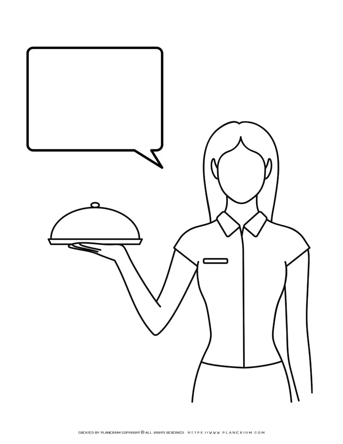 Waitress holding food tray with speech bubble