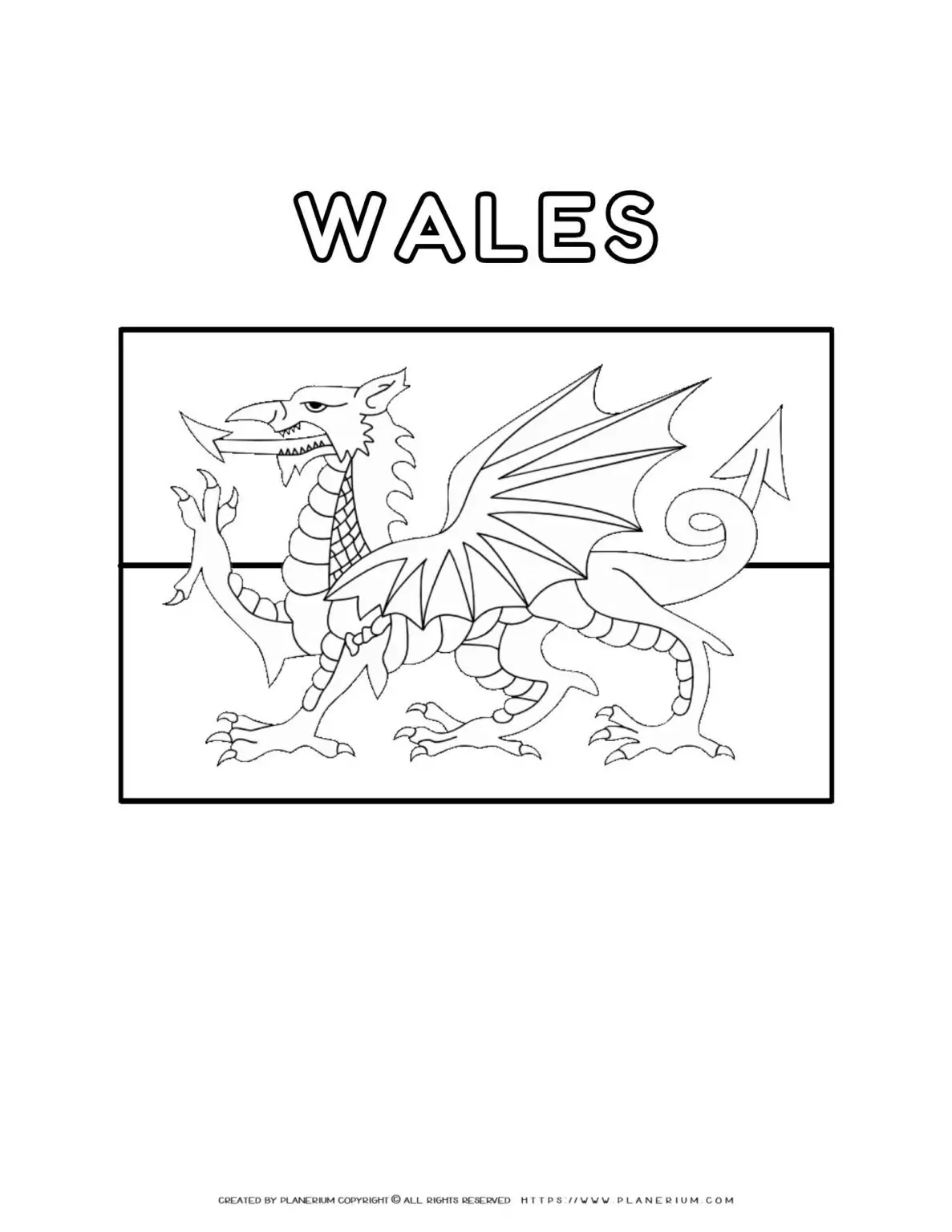Wales flag coloring page for kids to print and color at home. Fun and educational activity for children to learn about Welsh culture and heritage.