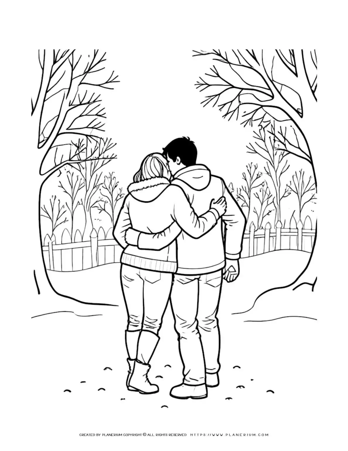 Couple hugging while walking in a winter park.
